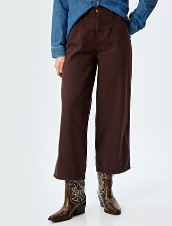 Geniş Kısa Paça Pantolon Yüksek Bel Düğmeli - Wide Leg Jean