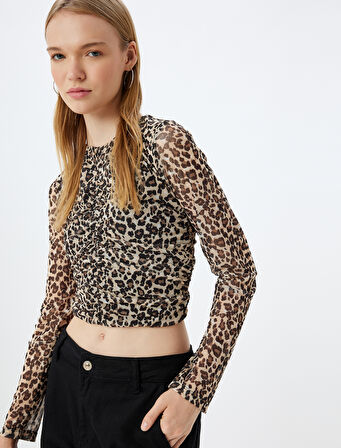 Leopar Tül Bluz Crop Uzun Kollu Bisiklet Yaka Büzgülü