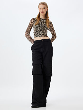 Leopar Tül Bluz Crop Uzun Kollu Bisiklet Yaka Büzgülü