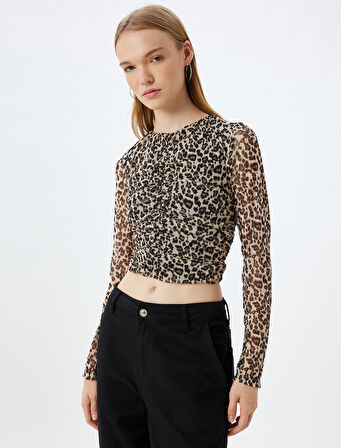 Leopar Tül Bluz Crop Uzun Kollu Bisiklet Yaka Büzgülü