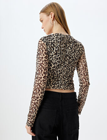 Leopar Tül Bluz Crop Uzun Kollu Bisiklet Yaka Büzgülü