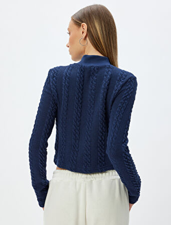 Fermuarlı Hırka Saç Örgü Dokulu Dik Yaka Slim Fit