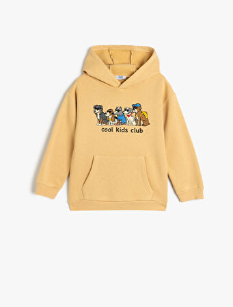 Oversize Kapşonlu Sweatshirt Köpek Baskılı Bisiklet Yaka Uzun Kollu Kanguru Cepli