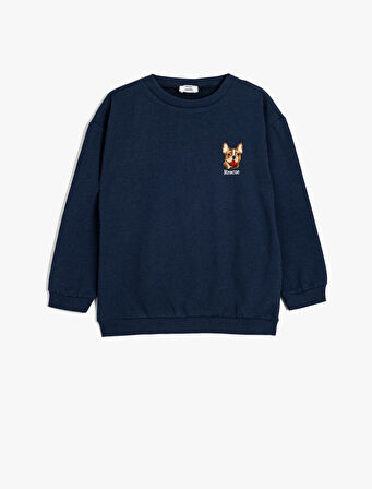 Sweatshirt Köpek İşlemeli Bisiklet Yaka Uzun Kollu