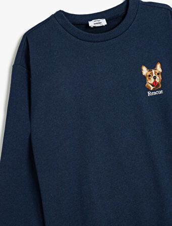 Sweatshirt Köpek İşlemeli Bisiklet Yaka Uzun Kollu
