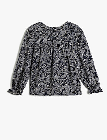 Viskon Bluz Etnik Desenli Uzun Kollu Bisiklet Yaka