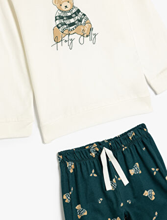 Teddy Bear Baskılı Uzun Kollu Pamuklu Pijama Takımı