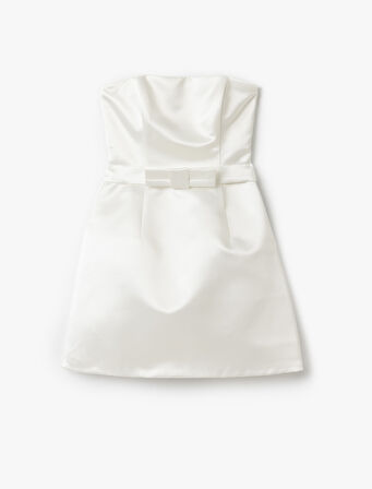 Straplez Mini Slim Fit Fiyonklu A Kesim Saten Elbise