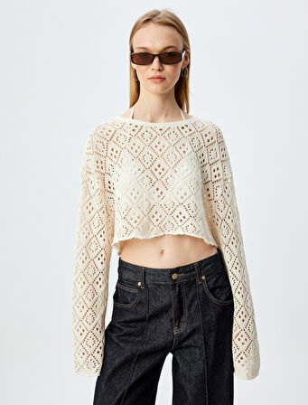 Ajurlu Tişört Crop Uzun Kollu Bisiklet Yaka Rahat Kalıp