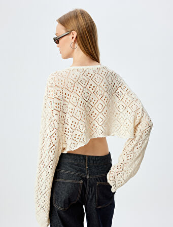 Ajurlu Tişört Crop Uzun Kollu Bisiklet Yaka Rahat Kalıp