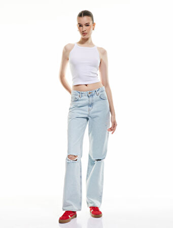 Pamuklu Yıpratma Detaylı Düz Paça Denim Pantolon - Straight Fit Jean