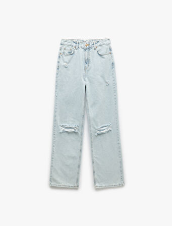 Pamuklu Yıpratma Detaylı Düz Paça Denim Pantolon - Straight Fit Jean