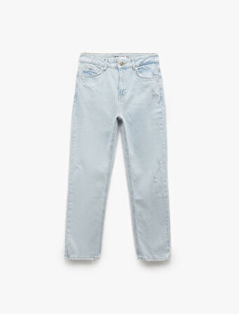 Yıpratma Detaylı Yüksek Bel Pamuklu Straight Fit Denim Pantolon - Straight Jeans