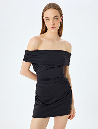 Madonna Yaka Omzu Açık Drapeli Slim Fit Mini Slip Elbise
