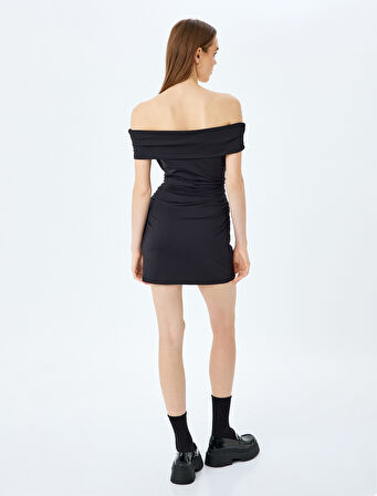 Madonna Yaka Omzu Açık Drapeli Slim Fit Mini Slip Elbise