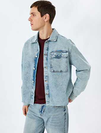 Pamuklu Uzun Kollu Kapaklı Cep Detaylı Oversize Denim Ceket