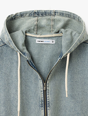 Kapüşonlu Fermuarlı Kapaklı Cepli Oversize Pamuklu Kolsuz Denim Yelek