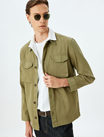 Kapaklı Cepli Pamuklu Düğmeli Uzun Kollu Gömlek Ceket