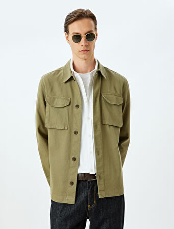 Kapaklı Cepli Pamuklu Düğmeli Uzun Kollu Gömlek Ceket