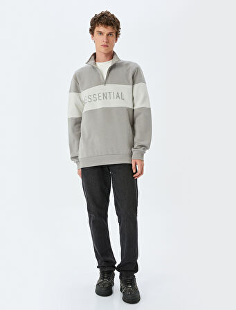 Renk Bloklu Yarım Fermuarlı Pamuklu Slogan Baskılı Sweatshirt