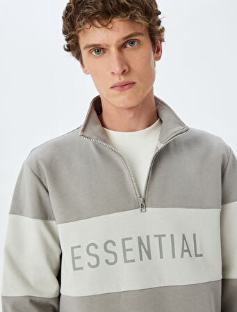 Renk Bloklu Yarım Fermuarlı Pamuklu Slogan Baskılı Sweatshirt
