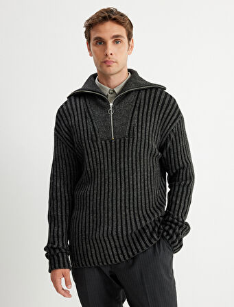 Triko Kazak Yarım Fermuarlı Yaka Çizgili Uzun Kollu