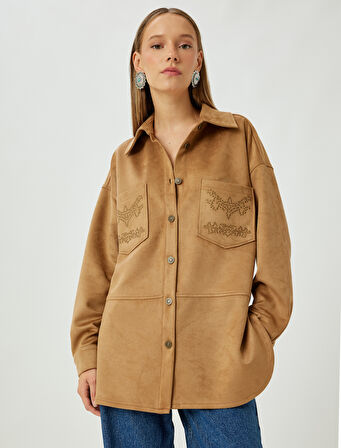 Koton X Zeynep Bastık - Süet Görünümlü Cepli Zımba Detaylı Gömlek Ceket