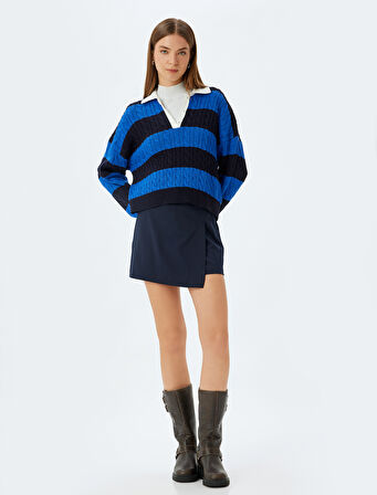 Polo Yaka Triko Kazak Saç Örgü Dokulu Düğmeli Renk Kontrastlı