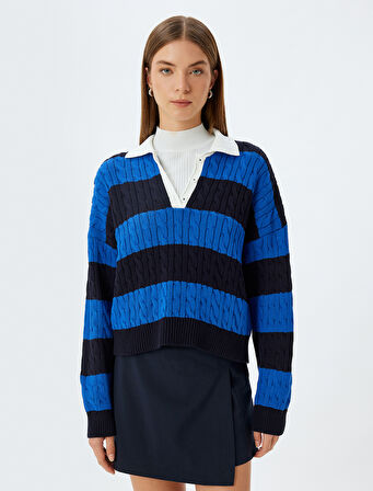 Polo Yaka Triko Kazak Saç Örgü Dokulu Düğmeli Renk Kontrastlı