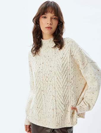 Koton X Sima Tarkan - Uzun Kollu Balıkçı Yaka Oversize Saç Örgü Kazak