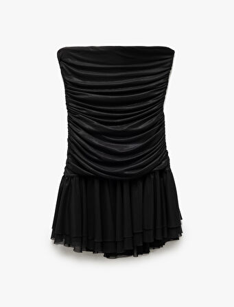 Drape Detaylı Kolsuz Straplez Volanlı Mini Abiye Elbise