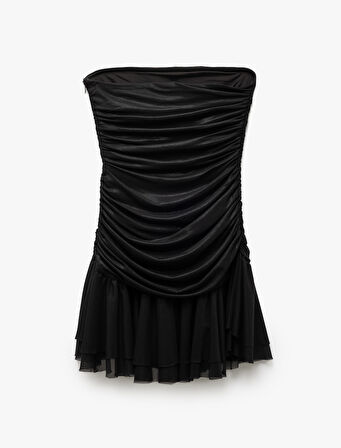 Drape Detaylı Kolsuz Straplez Volanlı Mini Abiye Elbise