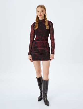Drapeli Dik Yaka Uzun Kollu Slim Fit Mini Tül Elbise