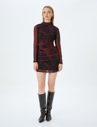 Drapeli Dik Yaka Uzun Kollu Slim Fit Mini Tül Elbise