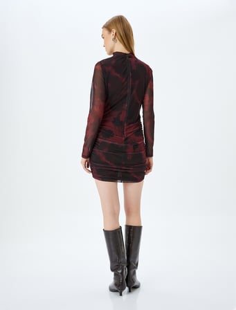 Drapeli Dik Yaka Uzun Kollu Slim Fit Mini Tül Elbise