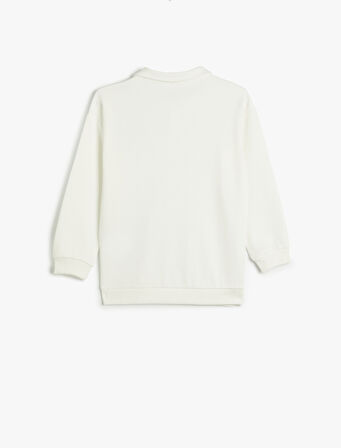 Polo Yaka Sweatshirt Köpek Baskılı Uzun Kollu Pamuklu