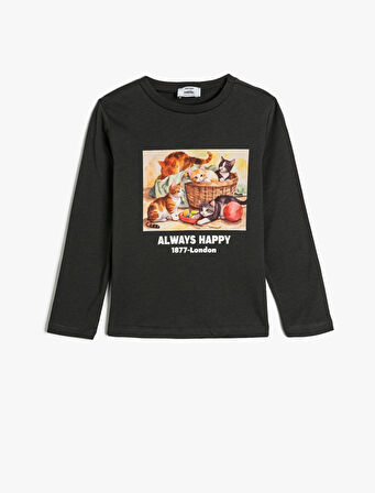 Tişört Uzun Kollu Kedi Baskılı Bisiklet Yaka Pamuklu