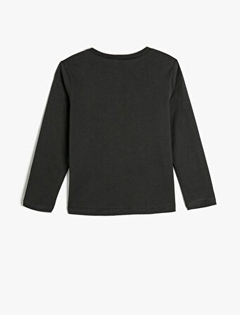 Tişört Uzun Kollu Kedi Baskılı Bisiklet Yaka Pamuklu