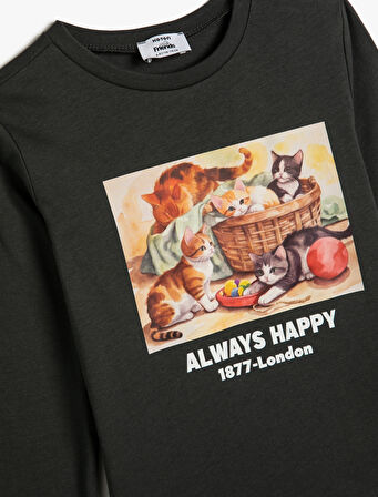 Tişört Uzun Kollu Kedi Baskılı Bisiklet Yaka Pamuklu