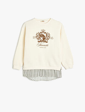 Sweatshirt Baskılı Bisiklet Yaka Gömlek Etek Ucu Detaylı 