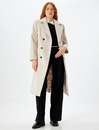 Uzun Kaşe Kaban Kruvaze Düğmeli Cepli 