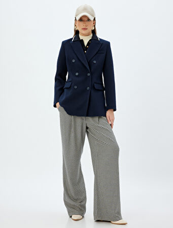 Kazayağı Desenli Palazzo Pantolon Geniş Paça Standart Bel Pile Detaylı