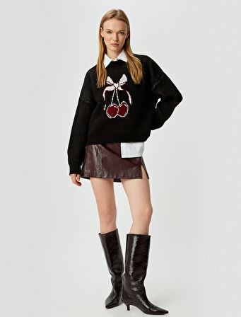 Triko Kazak Kiraz Baskılı Bisiklet Yaka Rahat Kalıp