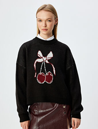 Triko Kazak Kiraz Baskılı Bisiklet Yaka Rahat Kalıp