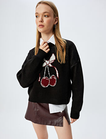 Triko Kazak Kiraz Baskılı Bisiklet Yaka Rahat Kalıp