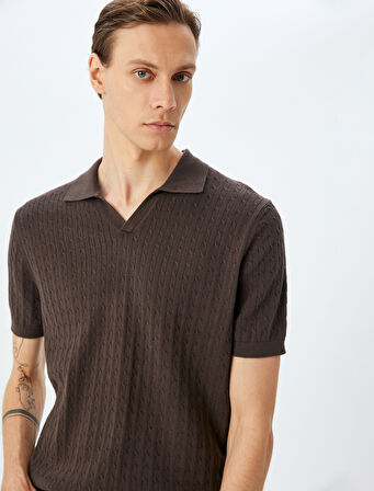 Kısa Kollu Pamuklu Saç Örgü Dokulu Polo Yaka Triko Tişört