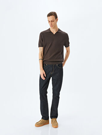 Kısa Kollu Pamuklu Saç Örgü Dokulu Polo Yaka Triko Tişört