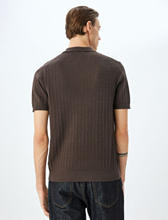 Kısa Kollu Pamuklu Saç Örgü Dokulu Polo Yaka Triko Tişört