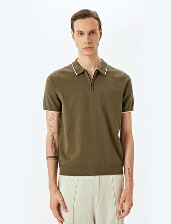 Yarım Fermuarlı Yaka Detaylı Pamuklu Kısa Kollu Triko Kazak