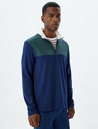 Spor Sweatshirt Dik Yaka Yarım Fermuarlı Arkası Baskılı Renk Kontrastlı İnterlok Kumaş